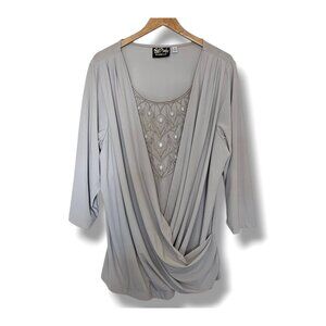 Bob Mackie Blouse Size 1X Draped Embellished Front Panel Gray Faux Wrap Artsy